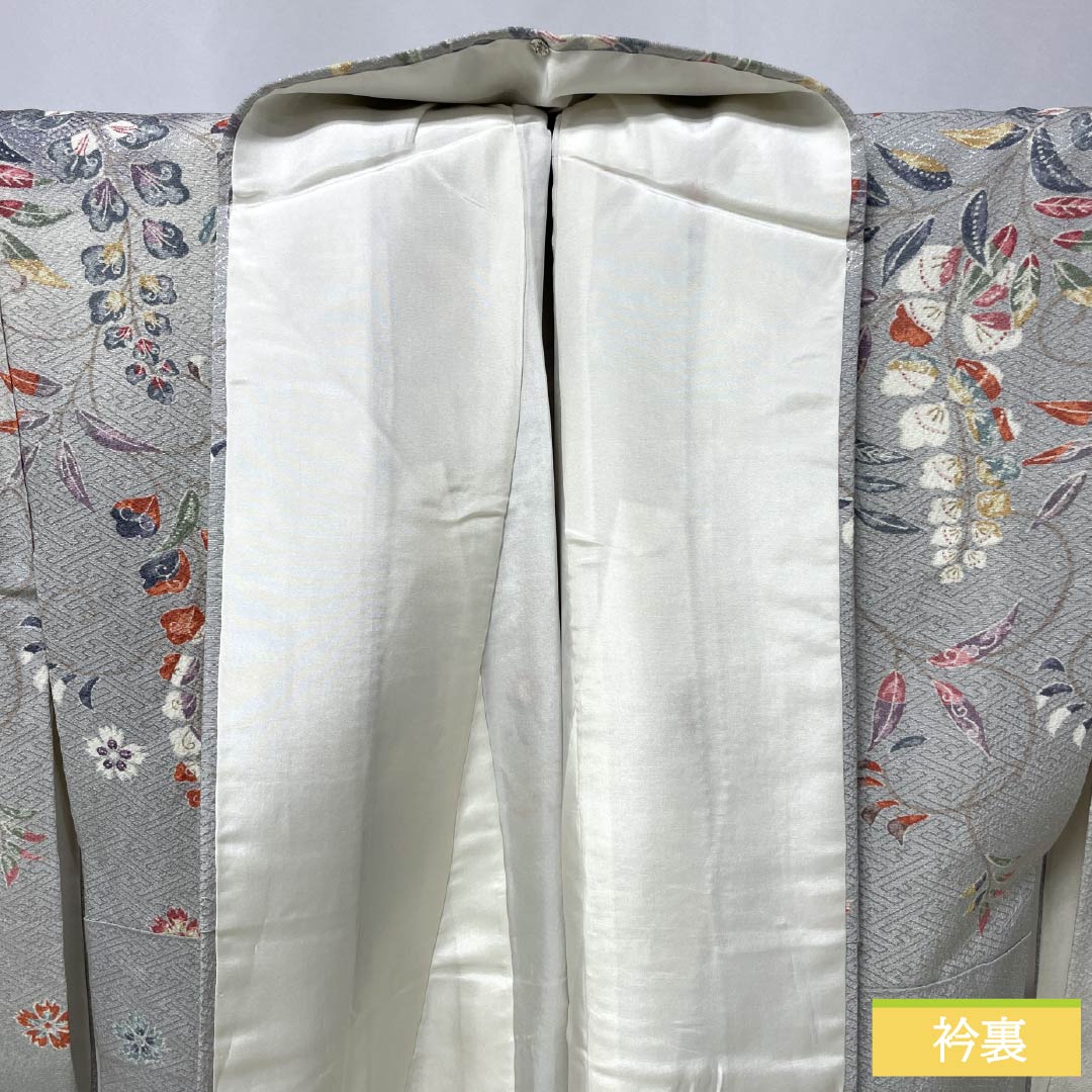 Visiting Kimono, Pure Silk, S Rank, Lined, Length 160cm, Sleeve Length 64cm, Kyoto Yuzen, Wisteria and Cherry Blossom Design, Gray, Product Number: 1112006302422