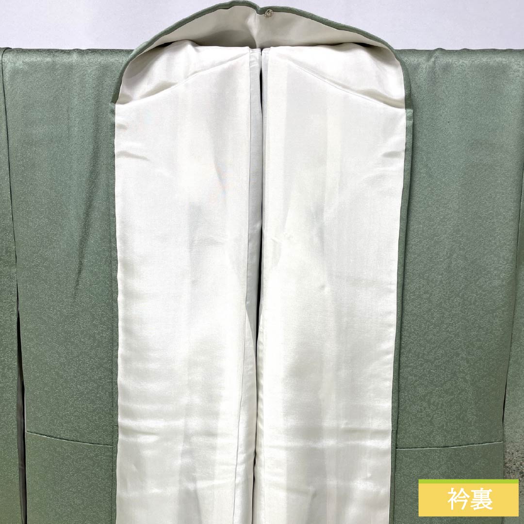 Visiting Kimono, Pure Silk, Grade A, Lined, Length 155cm, Sleeve Length 58.5cm, Back Leaf Color (Ura-iro), Mother-of-Pearl Inlay and Gold Finish, Auspicious Motifs, Tango Chirimen, Hatcho Mizu-yori, Green, Product Number: 1112007423319