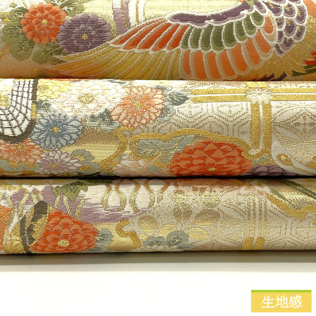 袋帯 正絹 Sランク 鏡裏花鳥文 西陣織 本金二重箔 雪輪 吉祥文様 帯丈436cm 六通 フォーマル 金系 1123016652321