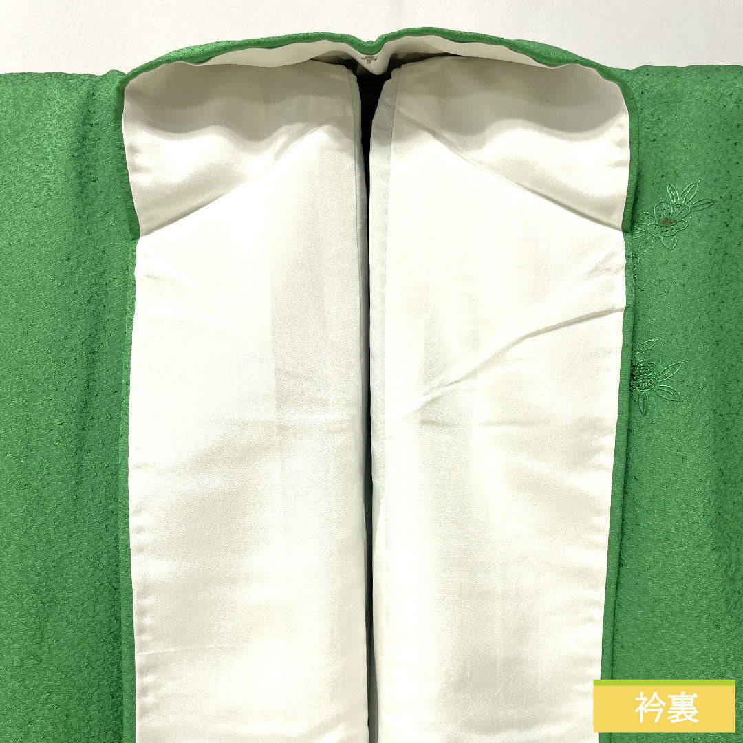 Homongi, pure silk, lined, length 157.5cm, sleeve length 62.5cm, grass green, Shantou embroidery, floral pattern, Scotchgard, S rank, green, 1112004992319