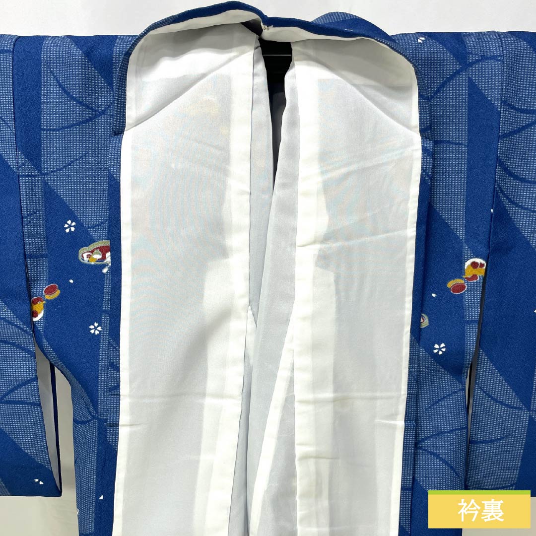 小紋 ポリエステル 身丈166cm 裄丈67cm 袷 紺青色(こんじょういろ) レトロ模様 洗える着物 Sランク 青系 1115005922517