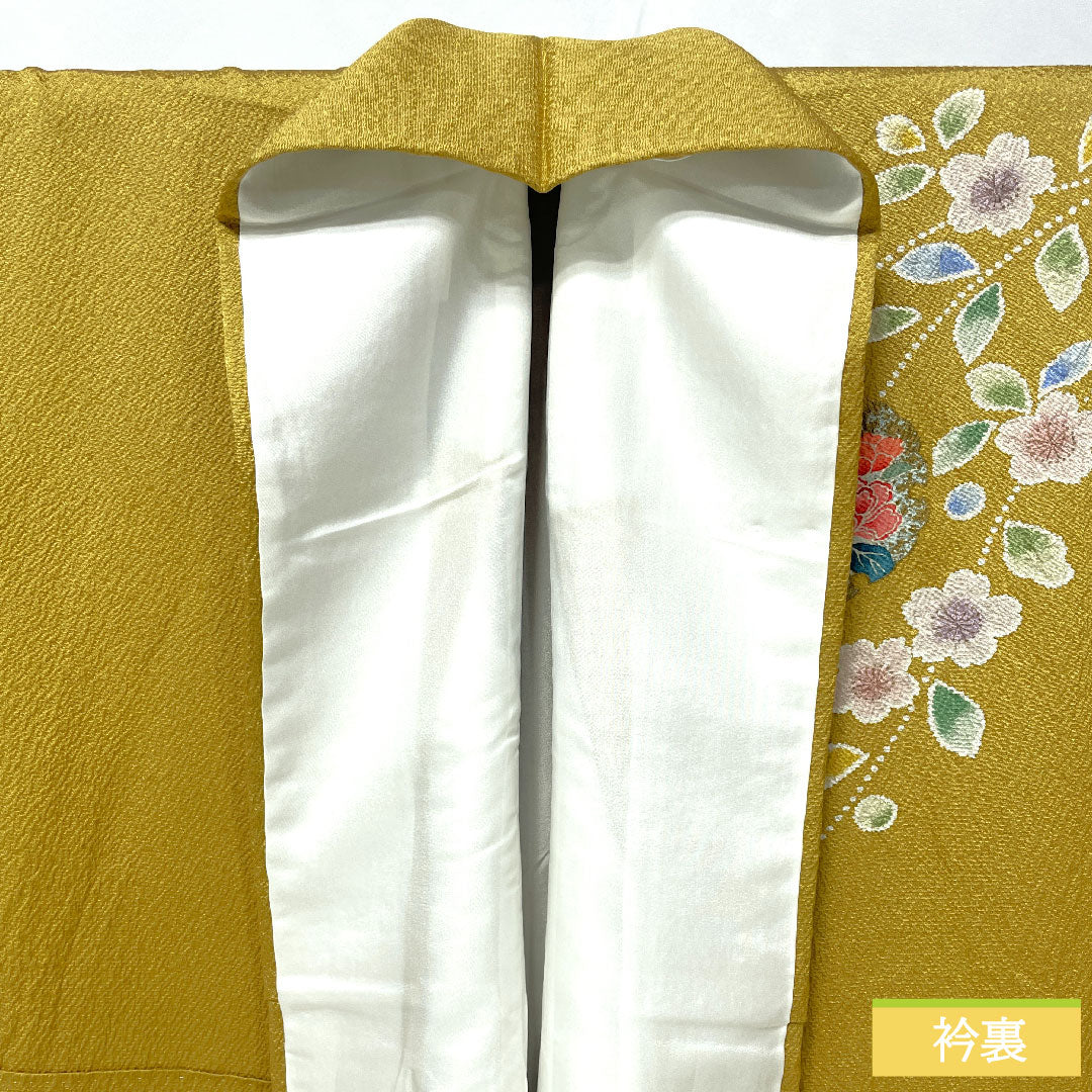 訪問着 正絹 袷 身丈163cm 裄丈69cm 黄唐紙色(きからかみいろ) 京友禅 桜 菊 撫子 ニューはればれ加工 Sランク 黄系 1112005152423