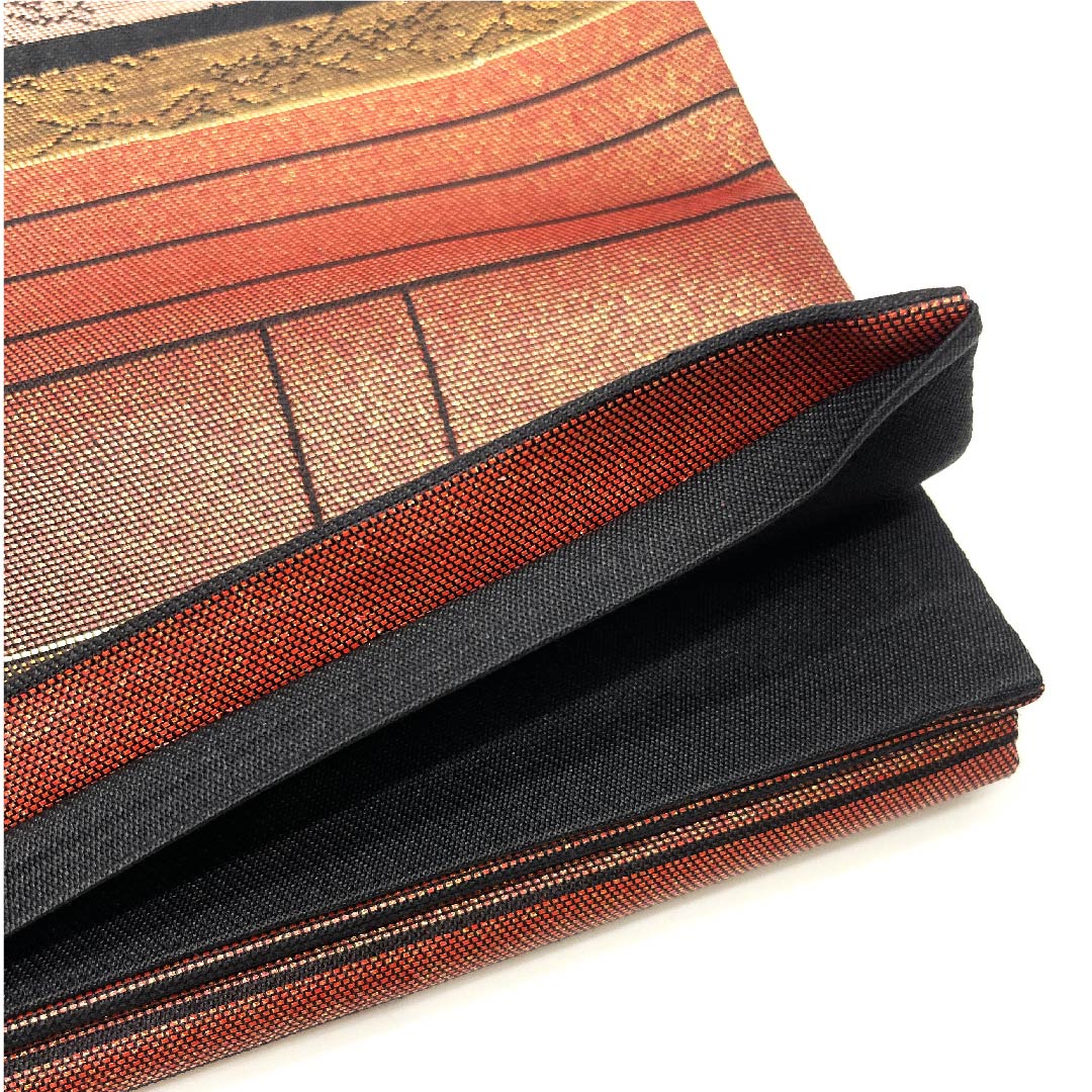 Fukuro obi (sash) in oxblood red with horizontal stripes and geometric patterns, obi length 442cm, pure silk, S rank, six-pass, semi-formal, vermilion, 1123002752316