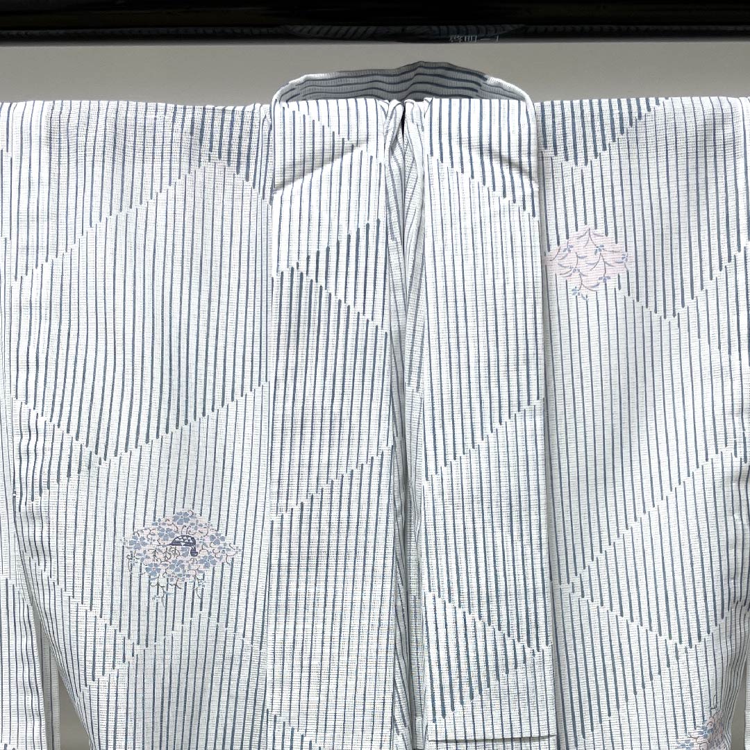 Summer polyester komon, length 160cm, sleeve length 63cm, fish belly white, bird, floral arabesque, diamond pattern, silk, S rank, white, 1132000342411