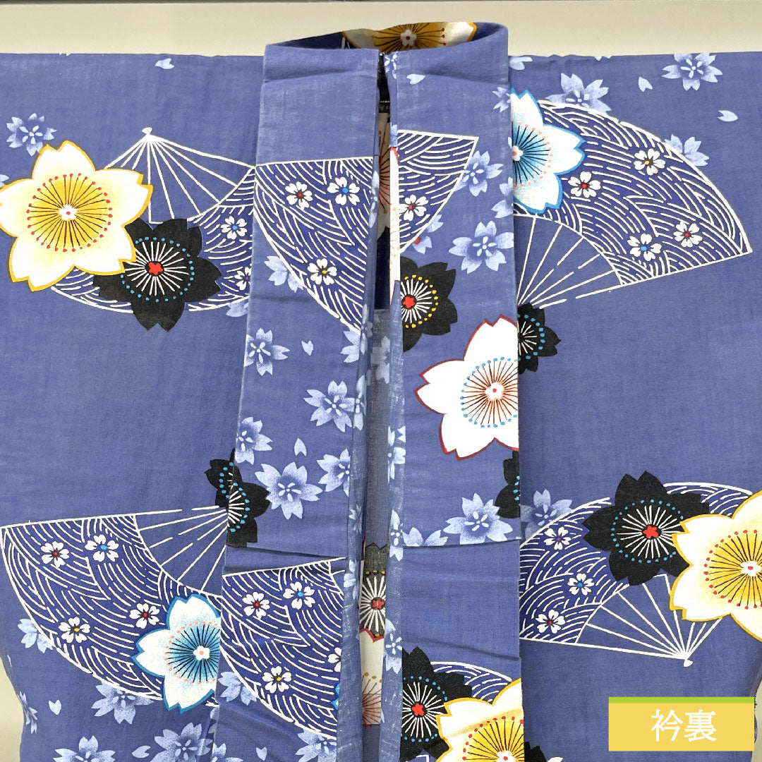 Yukata Cotton Length 160cm Sleeve length 64cm S rank Single layer Blue Edo-nandou color Cherry blossom Folding fan 1118005192417