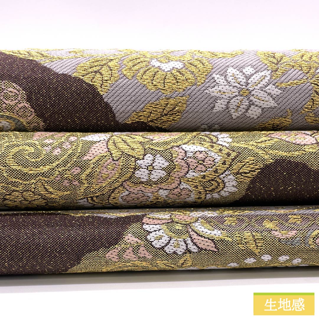 Fukuro Obi (Sash) made of pure silk, iron black, for Tomesode, floral pattern, flower arabesque, obi length 430cm, S rank, six-pass, formal, brown, 1123014022314