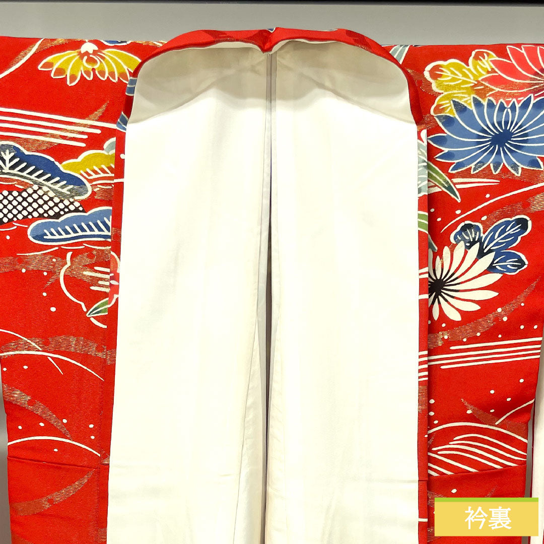 振袖 正絹 身丈160cm 裄丈62.5cm 袷 土耳古赤色(とるこあかいろ) 金通し 露芝 草花模様 Aランク 赤系 1113002043412
