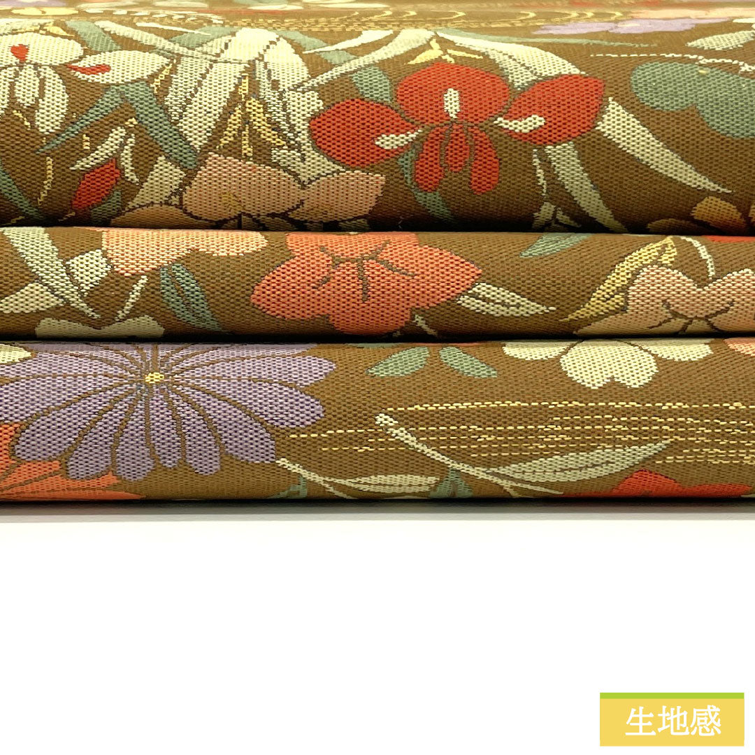 A-Rank Pure Silk Obi with Shoba Weave, Flowing Water and Floral Pattern, Length 432cm, Six-Ply, Semi-Formal, Brown, Product Number: 1123016743314
