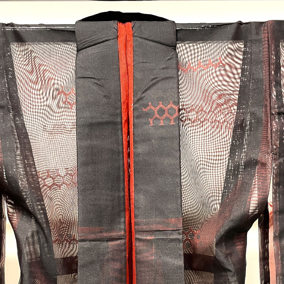 Summer item, pure silk, plain color, length 159.5cm, sleeve length 61.5cm, azuki brown, geometric pattern, basting thread included, unused item, gauze, S rank, red, 1132001732312