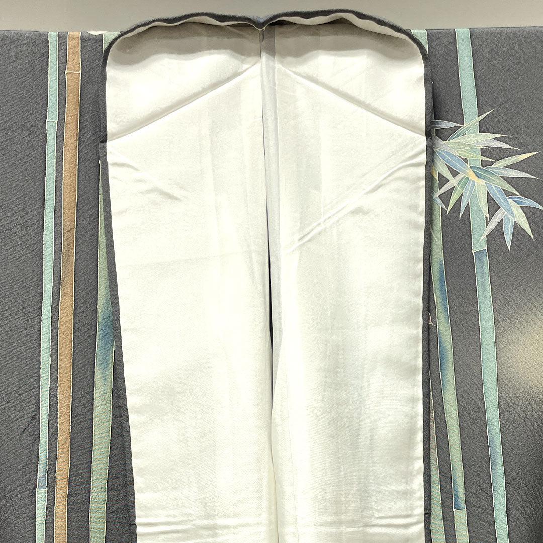 Homongi, lined, length 160cm, sleeve length 63cm, plain grey, artist's work, Kaga plant dyeing, bamboo, plum, pure silk, A rank, grey, 1112002673422