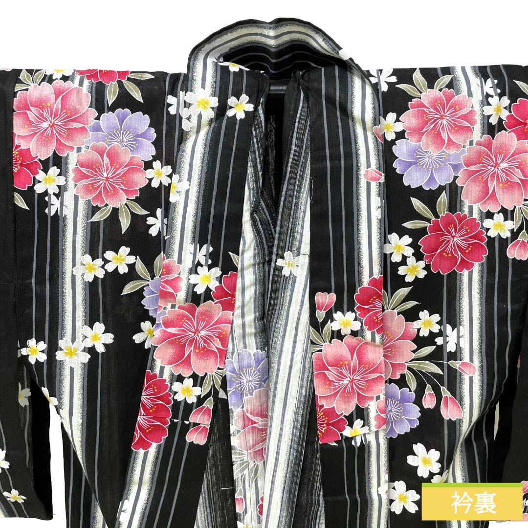 浴衣 木綿 Sランク 身丈167cm 裄丈65cm 黒色 縞 洋花 型染 単衣 黒系 1118006852510
