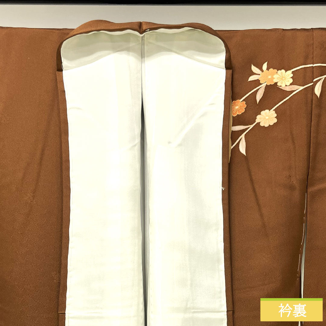 訪問着 正絹 袷 身丈163.5cm 裄丈63.5cm 海老茶色(えびちゃいろ) 京友禅 蘇州刺繡 汕頭刺繡 草花模様 しつけ糸付き Sランク 茶系 1112004432414