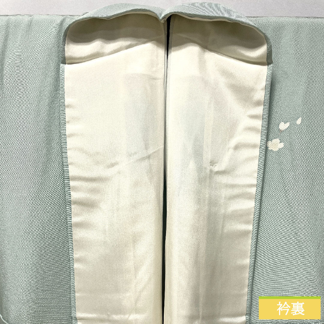訪問着 正絹 袷 身丈153cm 裄丈65.5cm 秘色(ひそく) 京友禅 桜 椿 菊 スーパーガード加工 Aランク 水色系 1112005503224