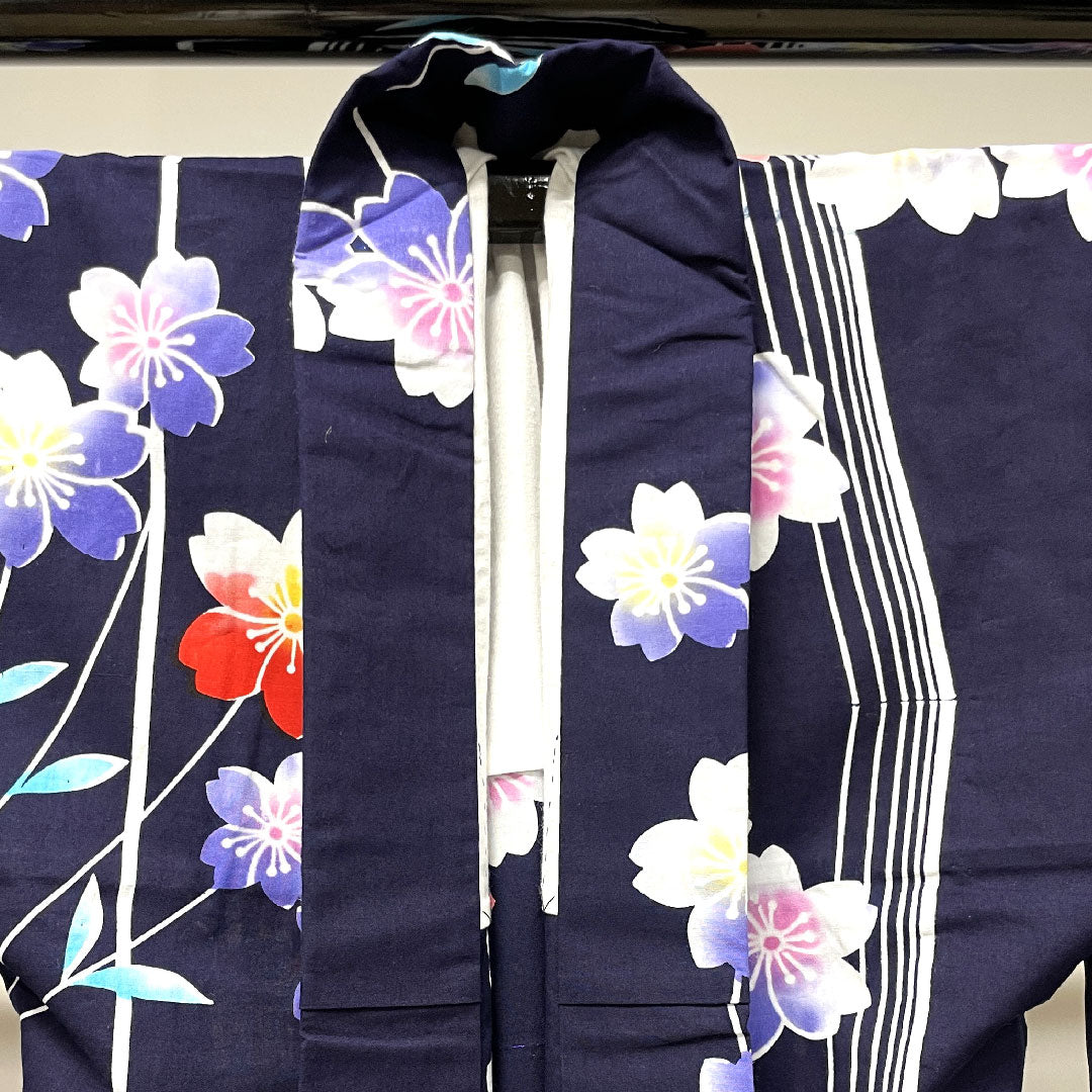 Yukata with basting thread, unused, dark blue, cherry blossom, cotton, S rank, single layer, length 165.5cm, sleeve length 64.5cm, navy blue, 1118002342518