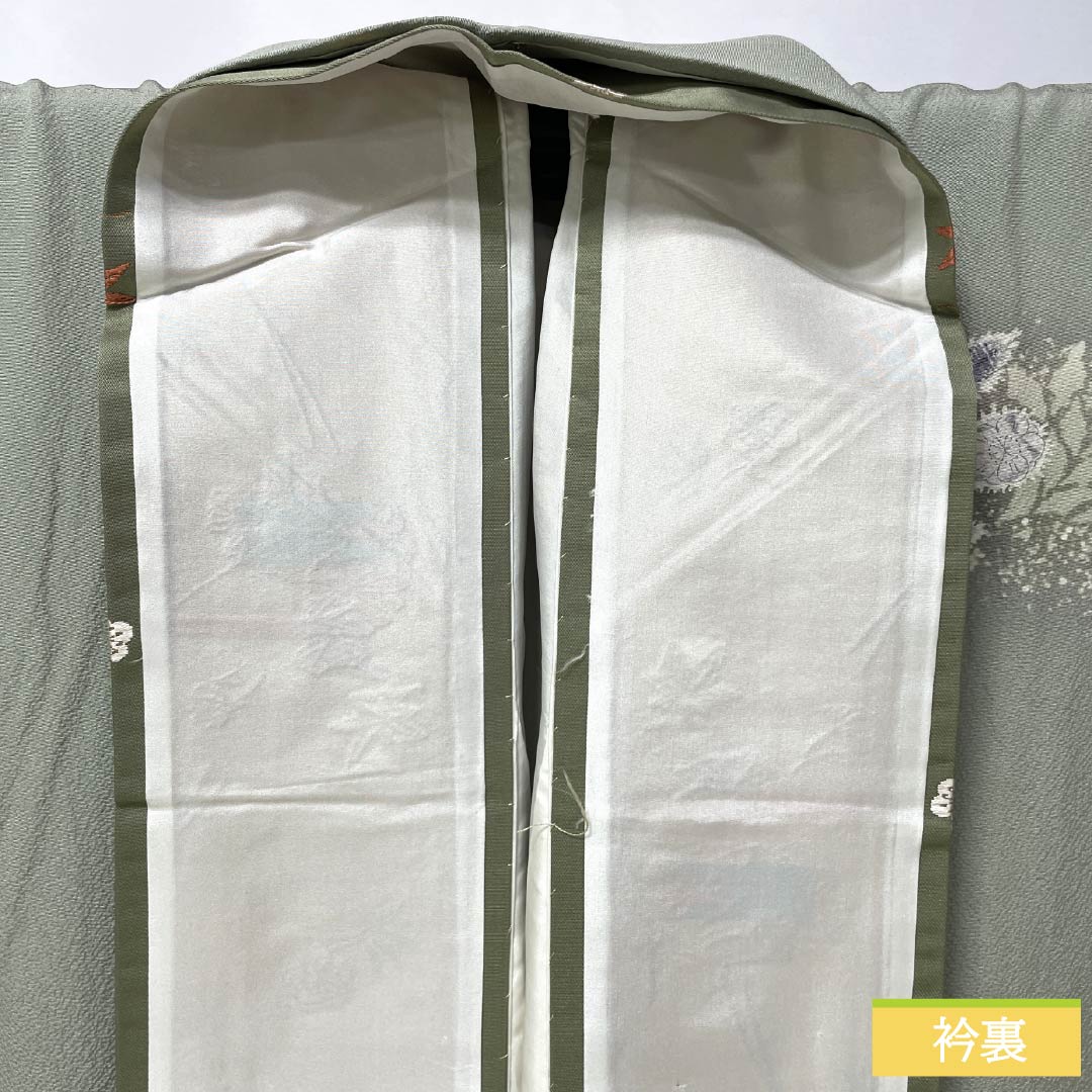 訪問着 正絹 Aランク 袷 身丈163cm 裄丈65.5cm 龍泉青瓷釉色(ロンチュエンチンツーユースーいろ) 京友禅 一つ紋 丸に梅鉢 縫い紋 辻ヶ花 緑系 1112006413419