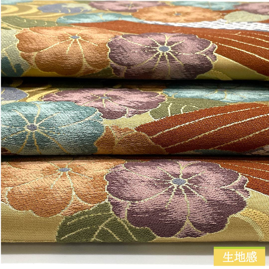 Fukuro Obi, pure silk, Yamabuki Nezuiro (Yamabuki gray), maple leaves, Shirayaen Oba, classic pattern, floral pattern, obi length 433cm, S rank, six-pass, formal, beige, 1123011322325
