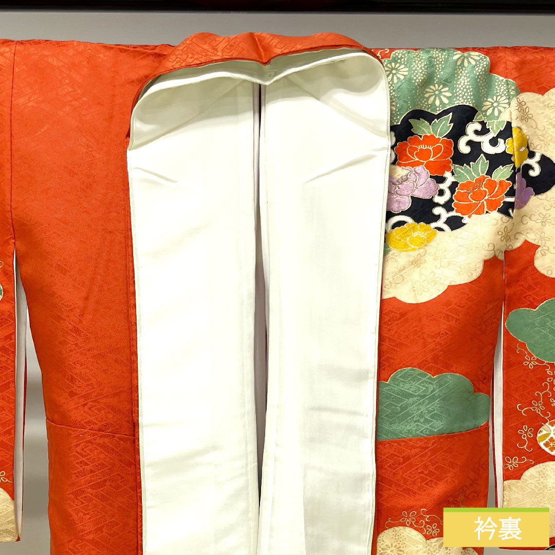 Homongi, pure silk, lined, length 160cm, sleeve length 63cm, scarlet, Kyoto Yuzen, embroidery, auspicious motif, one crest (sewn crest), Gosankiri, S rank, vermilion, 1112003752416