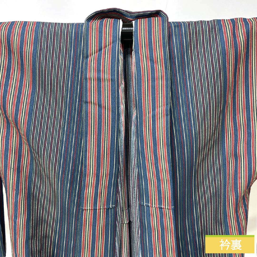 Small-pattern kimono, polyester, S rank, length 162cm, sleeve-to-sleeve 65.5cm, unlined, Berlin blue, stencil-dyed, striped, washable kimono, navy系, 1115007822418