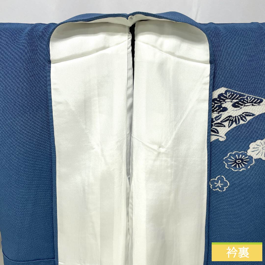 訪問着 正絹 Sランク 袷 身丈166.5cm 裄丈69cm 裏色(うらいろ) 藍型 浜ちりめん 風景模様 しつけ糸付き ソフトガード加工 青系 1112007692517