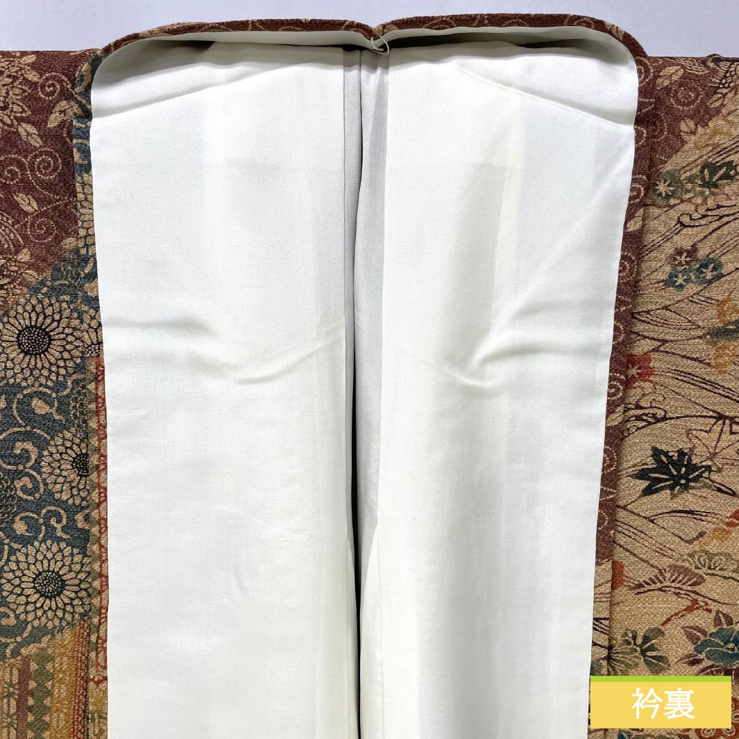 訪問着 正絹 Sランク 袷 身丈157cm 裄丈62.5cm 淡朽葉色(うすくちばいろ) 作家物 京紅型 吉祥文様 松竹梅 菊 橙系 1112007382326