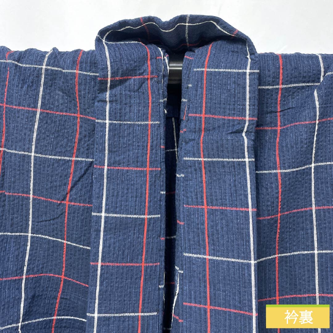 Cotton Yukata, Length 142cm, Sleeve Length 63cm, Rank B, Single Layer, Navy Blue, Shijira Weave, Red and White Check Pattern, 1118005834118
