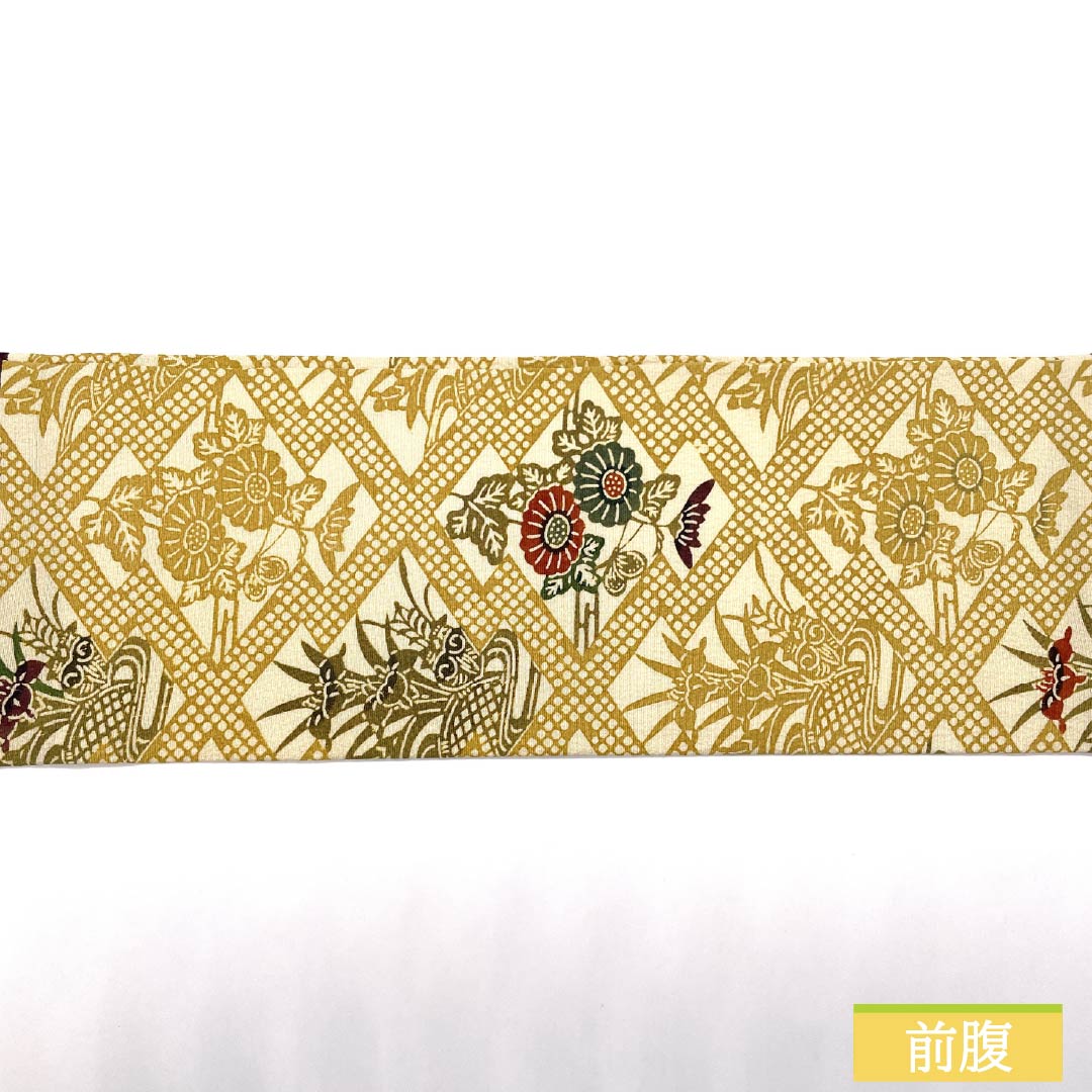 Nagoya obi, gold (kanairo), artist work, Kuriyama Kobo, Japanese dyed red pattern, obi length 392cm, pure silk, A rank, six-pass, casual, beige, 1124008253425, Nagoya tailoring