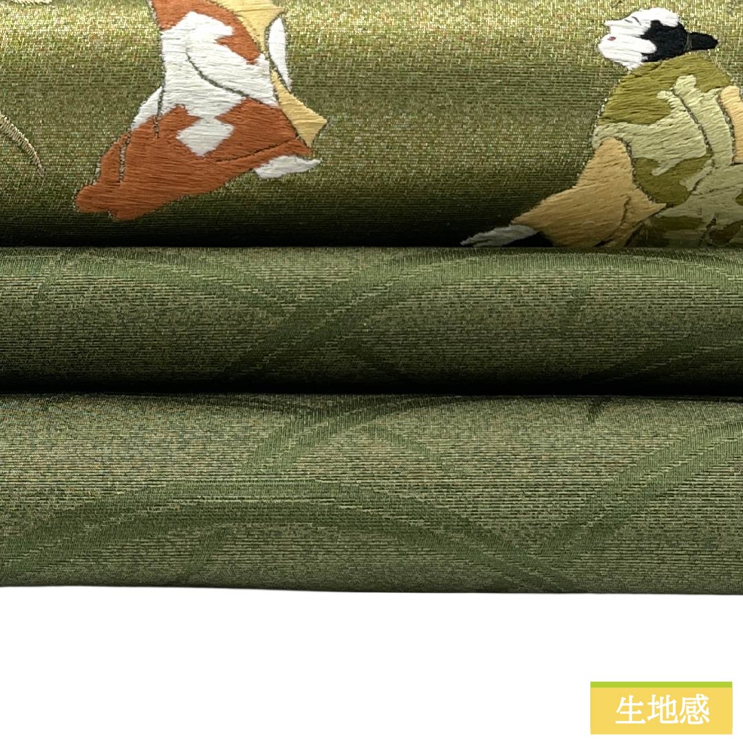 名古屋帯 正絹 Aランク 開き仕立て 青丹色(あおにいろ) 蘇州刺繍 古典柄 源氏物語 帯丈364cm ポイント柄 セミフォーマル 緑系 1124012563319