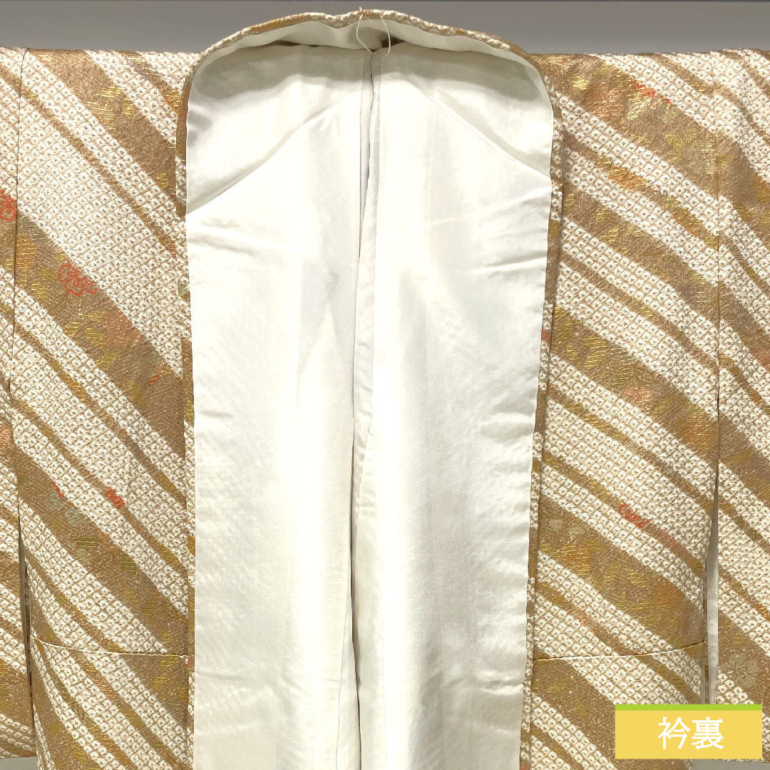 Homongi, pure silk, lined, length 150cm, sleeve length 62.5cm, walnut color, tie-dye, Kyoto yuzen, embroidery, floral pattern, S rank, beige, 1112004452125