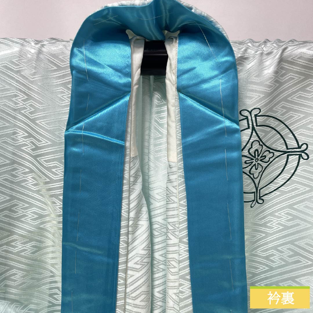 訪問着 ポリエステル Aランク 胴抜き 身丈156cm 裄丈64cm 薄水色(うすみずいろ) 半衿付き 踊り衣装 紗綾形 緑系 1112006383319