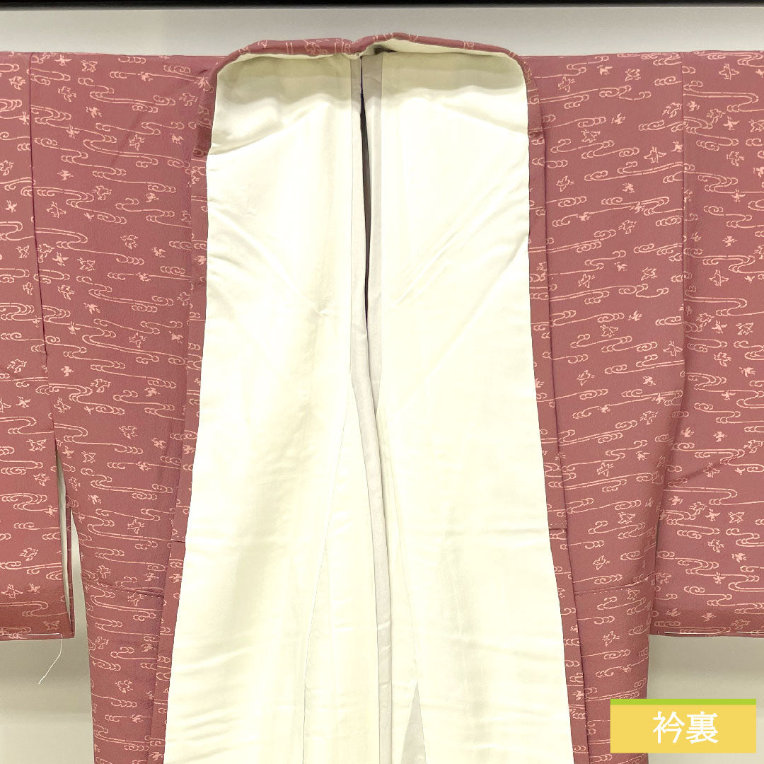 Small pattern, pure silk, length 156cm, sleeve length 63.5cm, lined, red obi (taikoshoku), Living National Treasure Nanbu Yoshimatsu, running water, Ise katagami, S rank, pink, 1115004112313