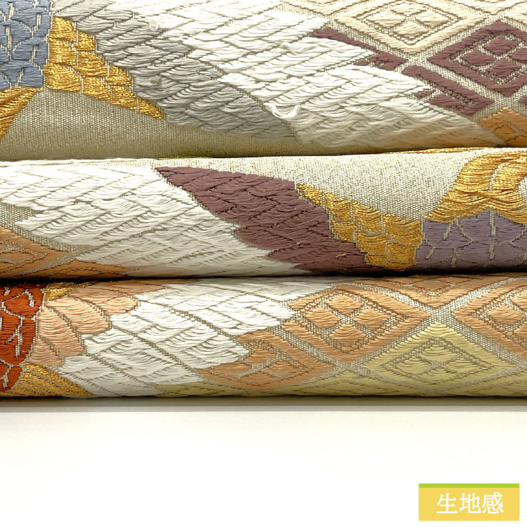 A-Rank Pure Silk Fukuro Obi (Sash) in Sobakiri (Soba-kiri Color) with Nishijin-ori (Karaori) Weave, Facing Cranes and Tortoise Shell Pattern, Length 434cm, Six-Pass, Formal, Beige, Product Number: 1123016063325