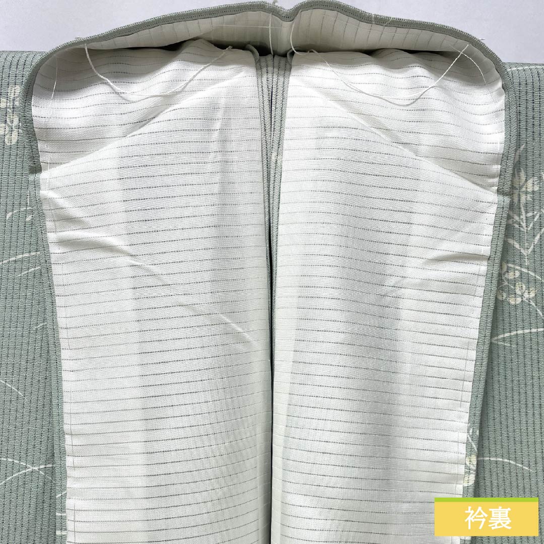 夏物 正絹 小紋 身丈153cm 裄丈62cm 白緑色(びゃくろくいろ) 京友禅 秋草 三松シルクケア 絽 Aランク 緑系 1132002093219