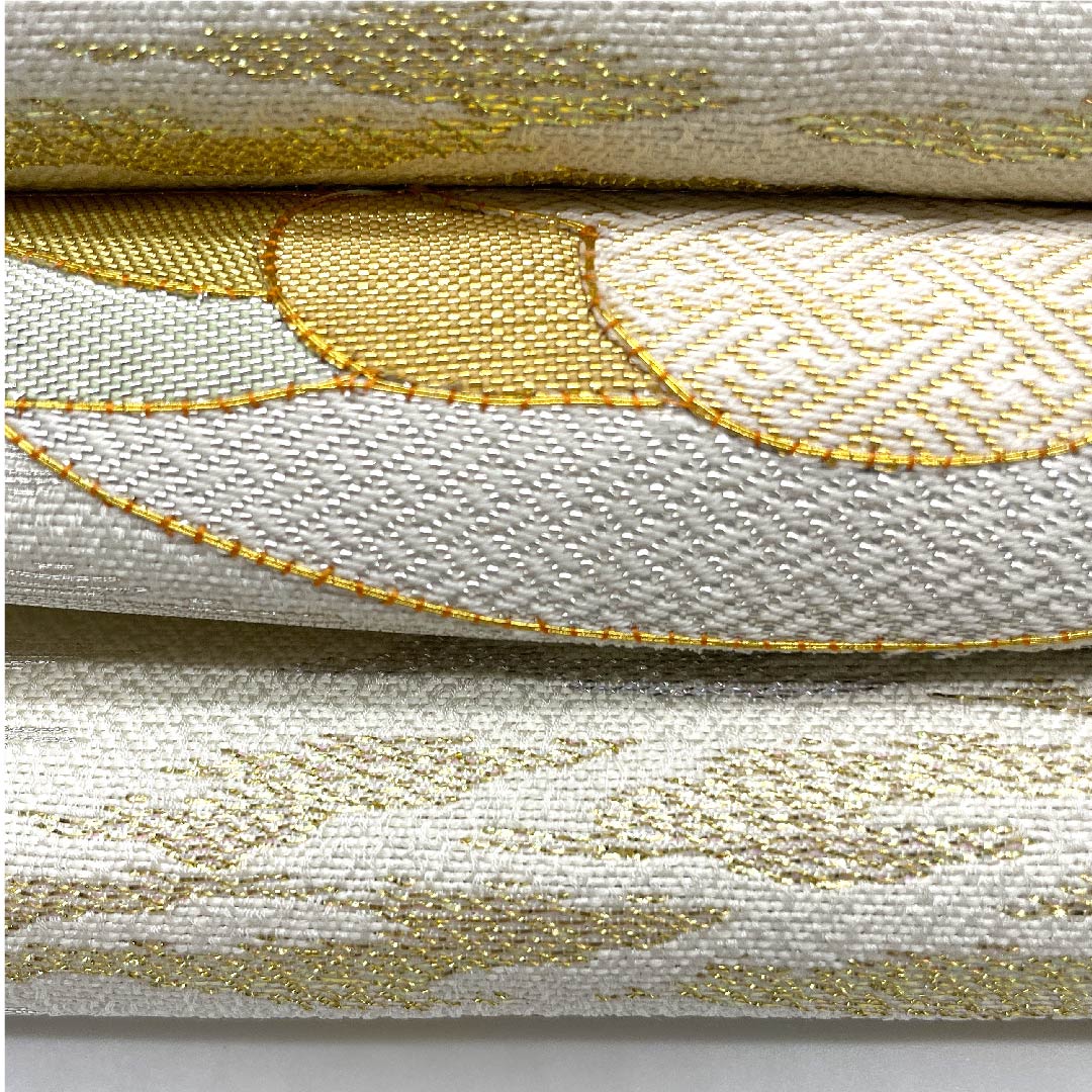 【未仕立】袋帯 正絹 Sランク 白色 おしどり 佐賀錦 金駒刺繍 帯丈439cm ポイント柄 フォーマル 白系 1123006822311