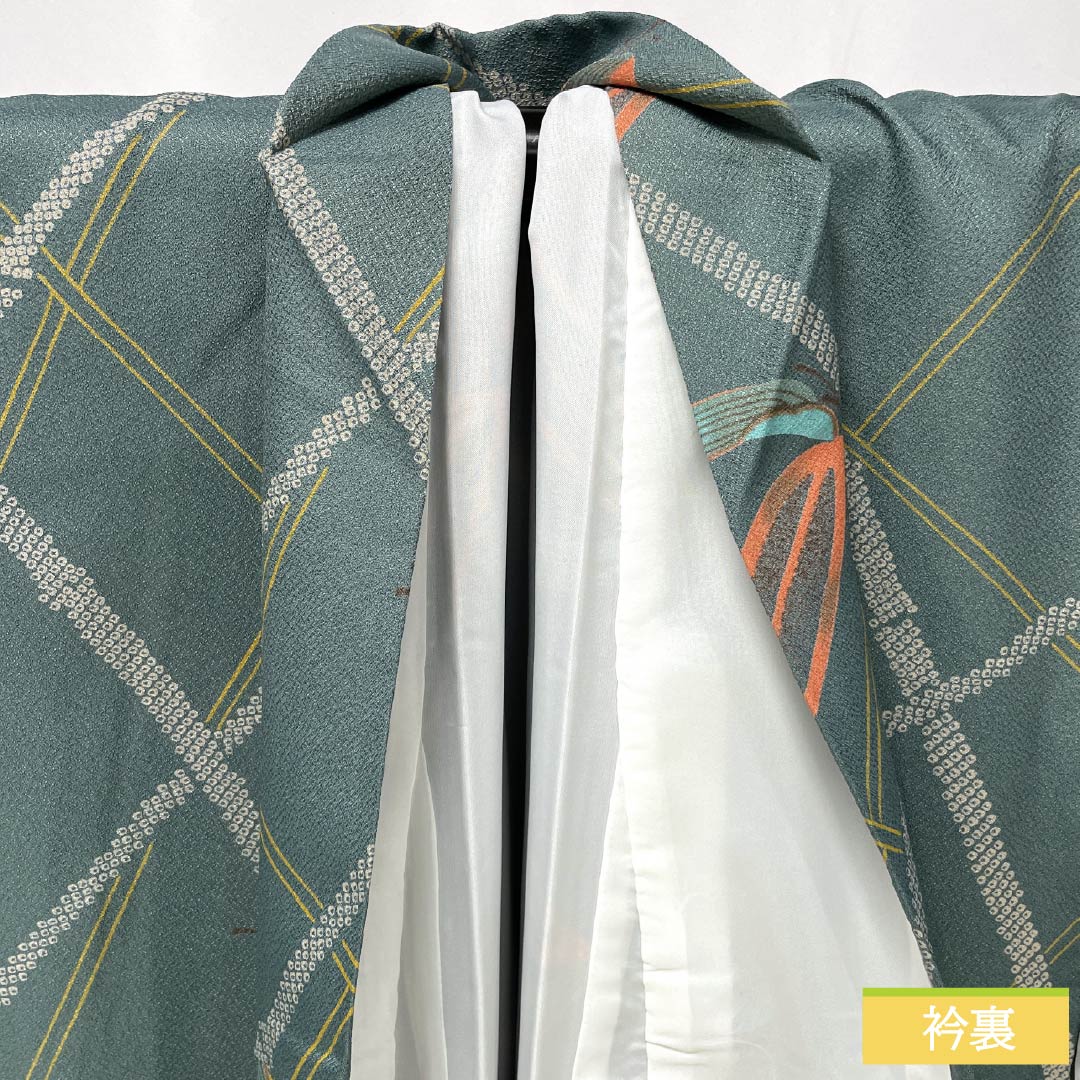 小紋 ポリエステル Aランク 身丈166.5cm 裄丈66cm 袷 湊煤竹色(みなとすすたけいろ) 竹 洗える着物 緑系 1115007453519