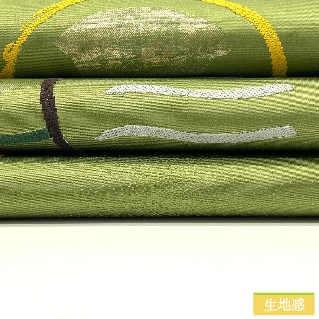 Fukuro Obi (sash), pure silk, grade A, willow brown, Nishijin weave, Shirayaen Oba, abstract pattern, length 434cm, six-fold, casual, green, 1123016593319