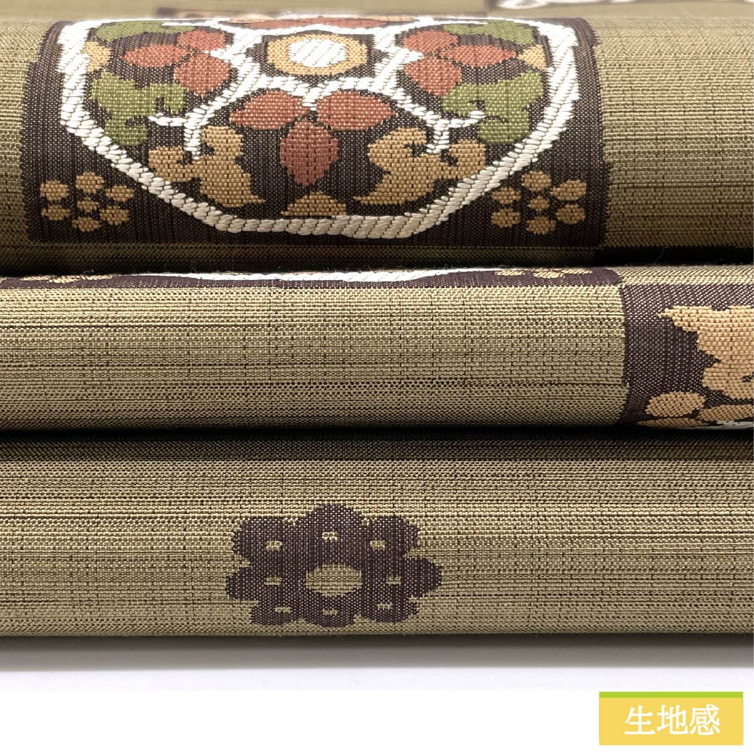 袋帯 正絹 丁子煤竹色(ちょうじすすたけいろ) 市松 正倉院模様 帯丈428cm Sランク 六通 カジュアル ベージュ系 1123012402325