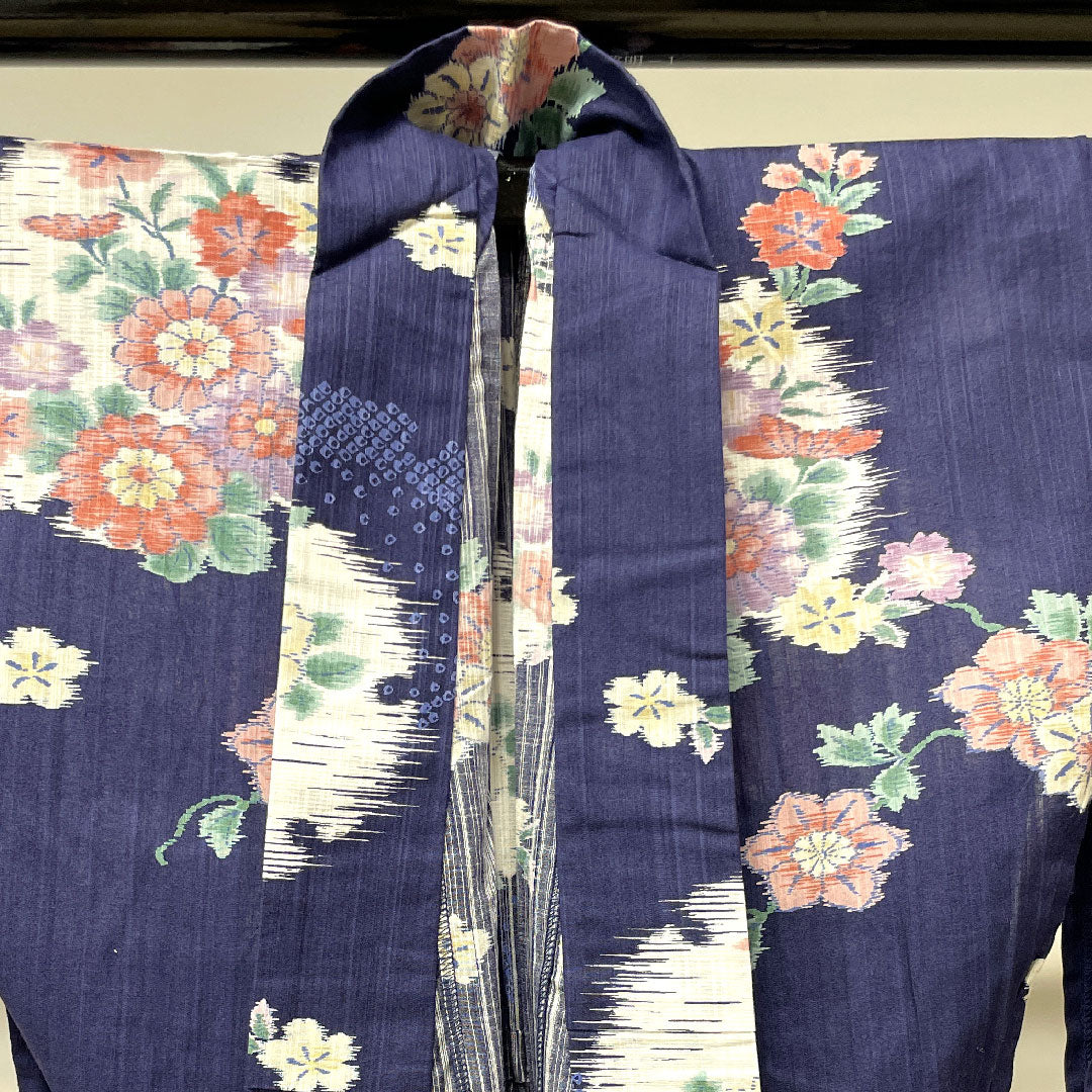 Yukata with basting thread, unused, navy blue, snowflake, floral pattern, cotton, S rank, single layer, length 171cm, sleeve length 65.5cm, navy blue, 1118002072618
