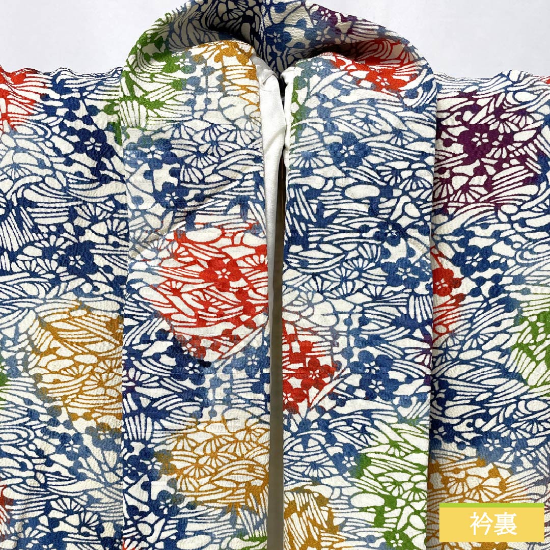 Komon (small pattern) kimono, pure silk, length 147cm, sleeve length 64cm, lined, off-white, stencil-dyed, abstract pattern, with basting thread, A rank, white, 1115006123111