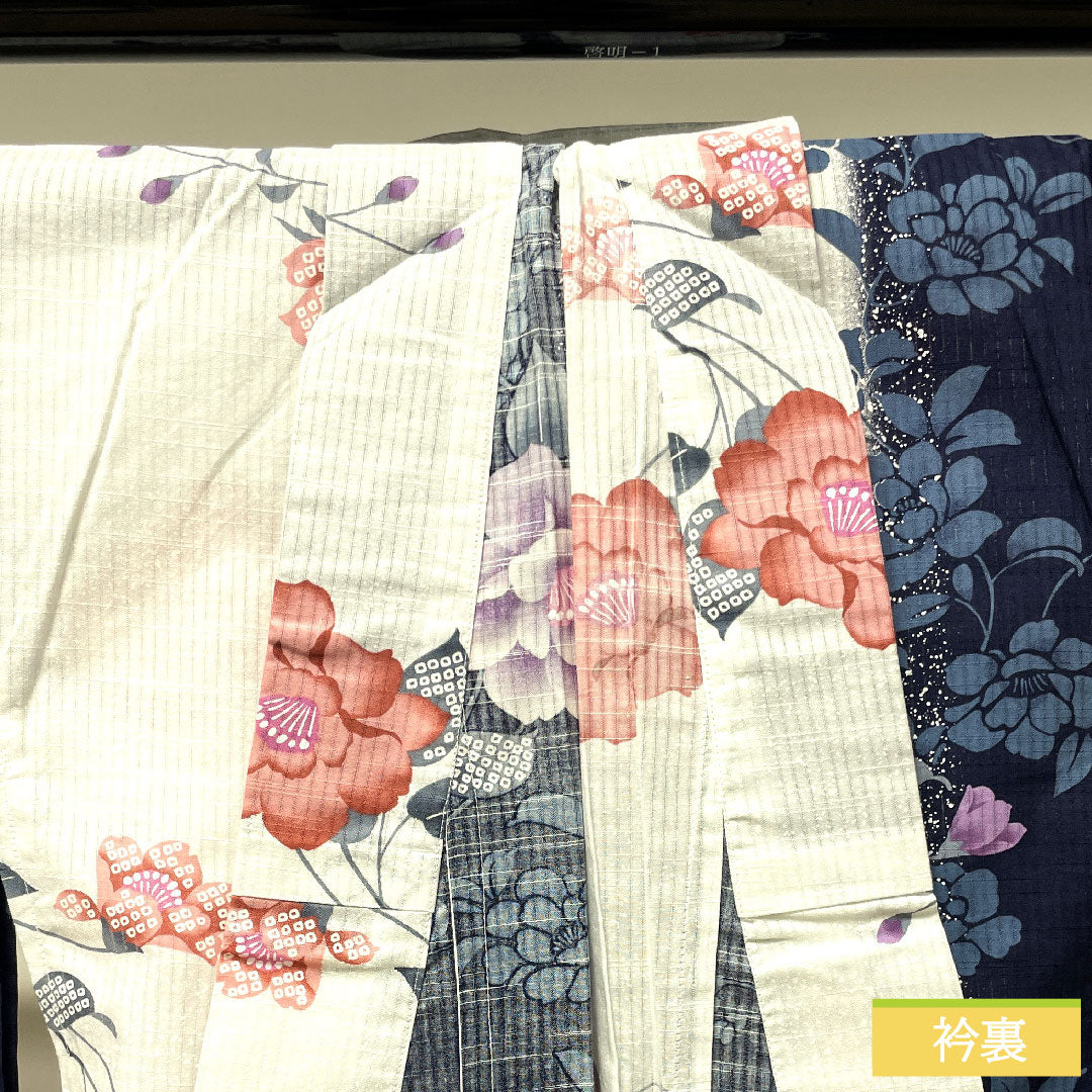 Yukata Cotton Length 166cm Sleeve length 67cm S rank Single layer White Vertical silk Peony 1118004752511