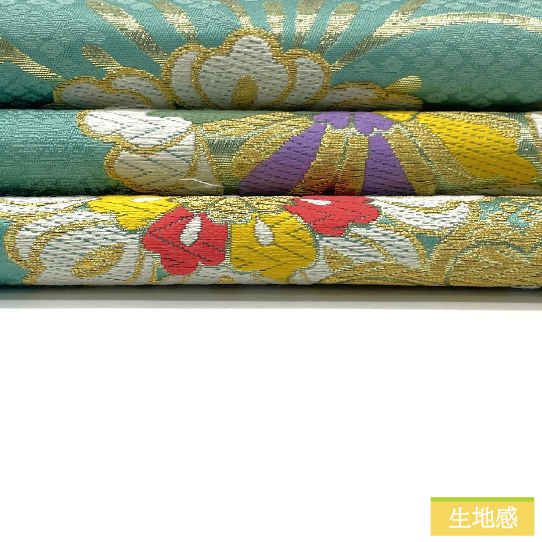 袋帯 正絹 Sランク 秘色色(ひそくいろ) 西陣織 振袖用 花模様 リバーシブル 帯丈462cm 六通 フォーマル 緑系 1123016322419