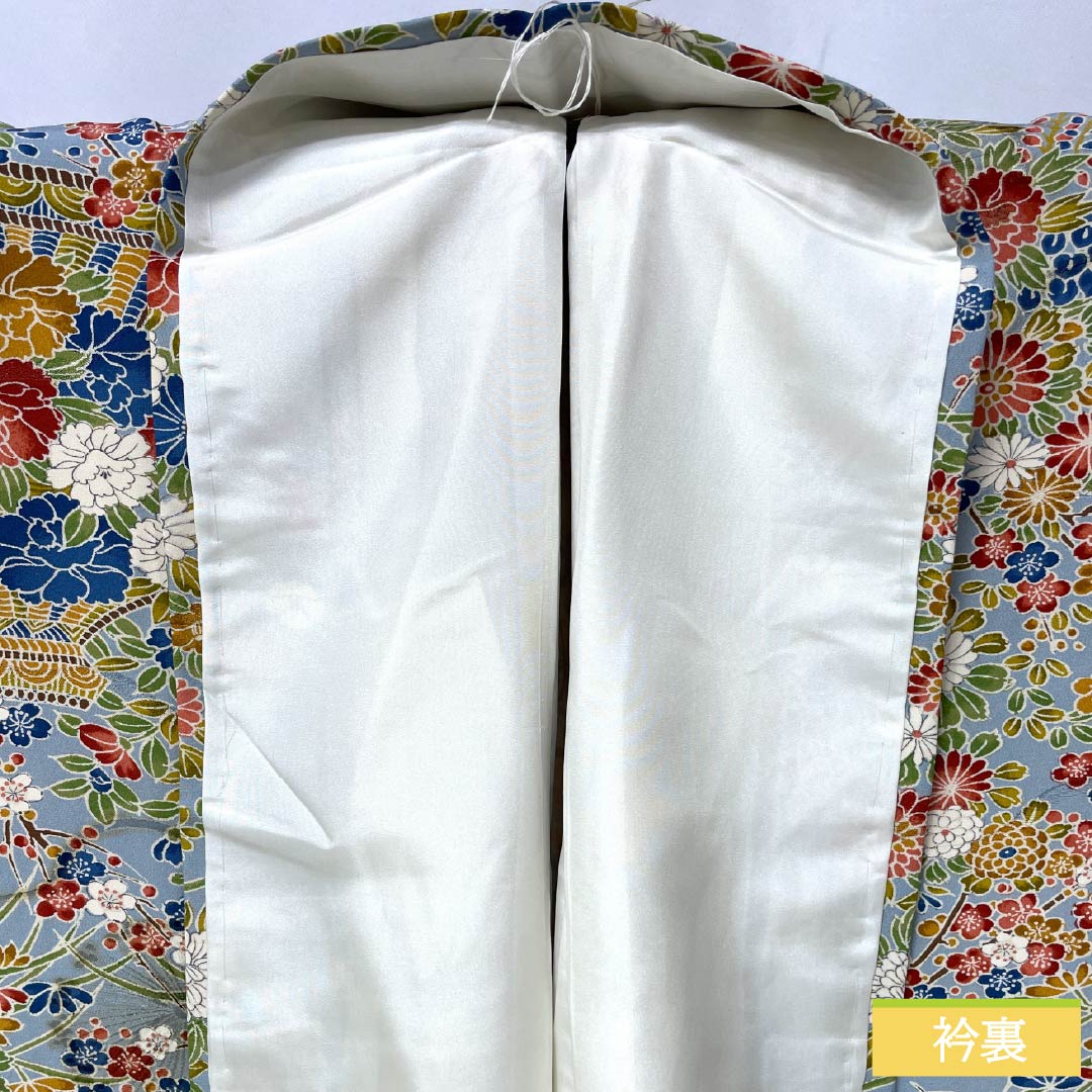 小紋 正絹 身丈156.5cm 裄丈64cm 袷 砧青磁色(きぬたせいじいろ) 花籠 Sランク 水色系 1115005792324
