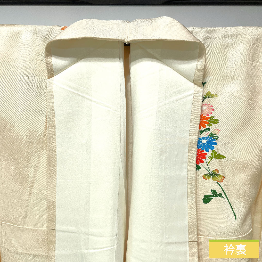 Homongi, pure silk, lined, length 160cm, sleeve length 63.5cm, Tonokoiro, Kyoto Yuzen, floral pattern, A rank, cream color, 1112004803415