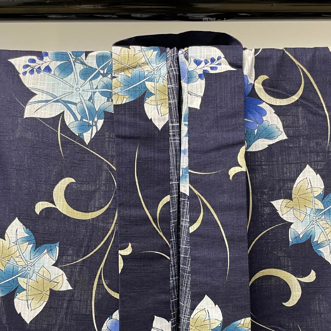 Yukata, dark blue, bush clover, maple leaves, chrysanthemum, arabesque cotton, S rank, single layer, length 167cm, sleeve length 67cm, navy blue, 1118004432518