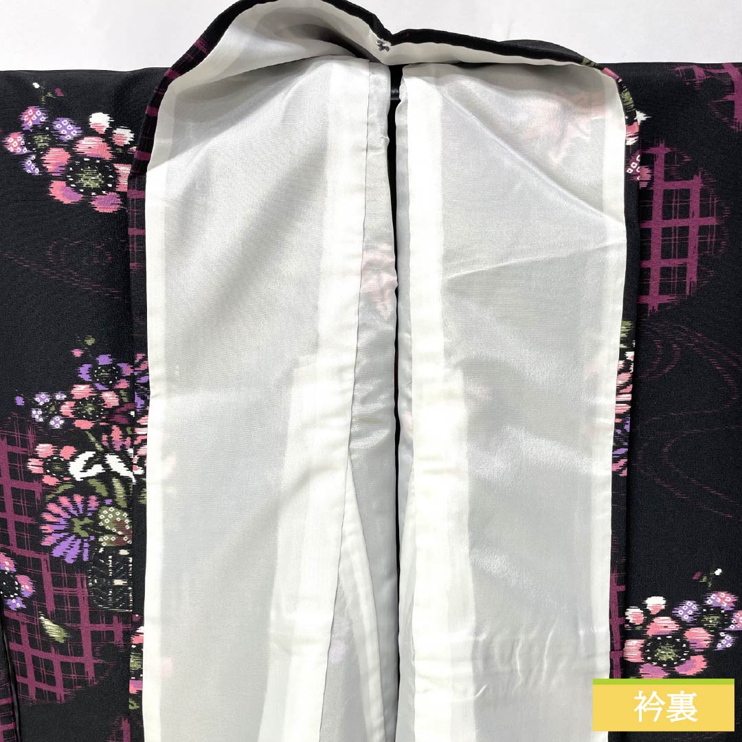 Komon (small pattern) kimono, polyester, length 163cm, sleeve length 67cm, lined, flower basket design, washable, rank A, black, product number 1115005893410