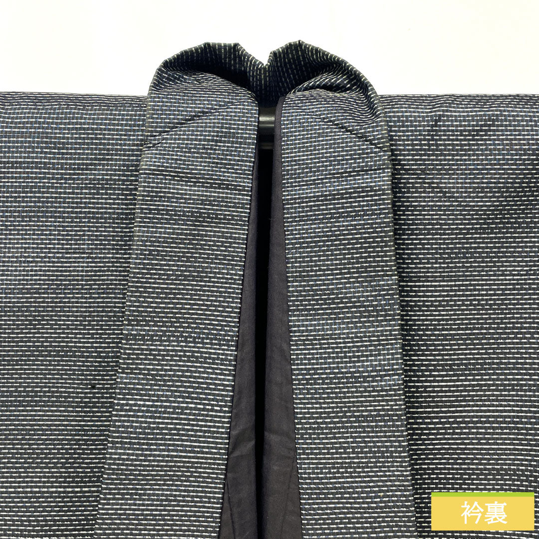 Men's Pure Silk A-Rank Oshima Tsumugi Kimono, Length 147cm, Sleeve Length 68cm, Double Kasuri Pattern, with Haori Cord, Navy Blue, Item Number 1119001603418