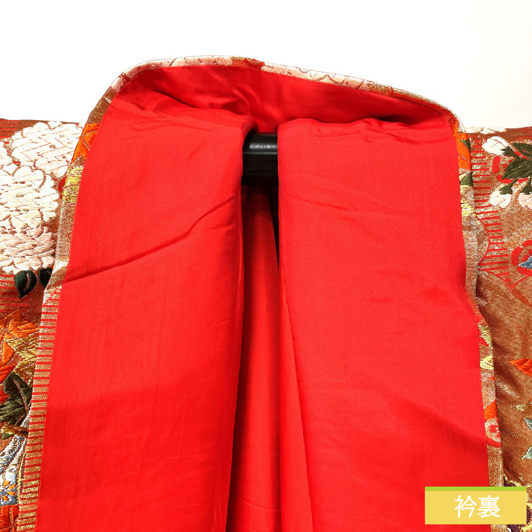 Iro-uchikake (colored kimono) made of pure silk, grade A, length 184cm, sleeve length 60.5cm, Karaori (Chinese weave) with butterfly and floral patterns, lined, vermilion, 1110001003916