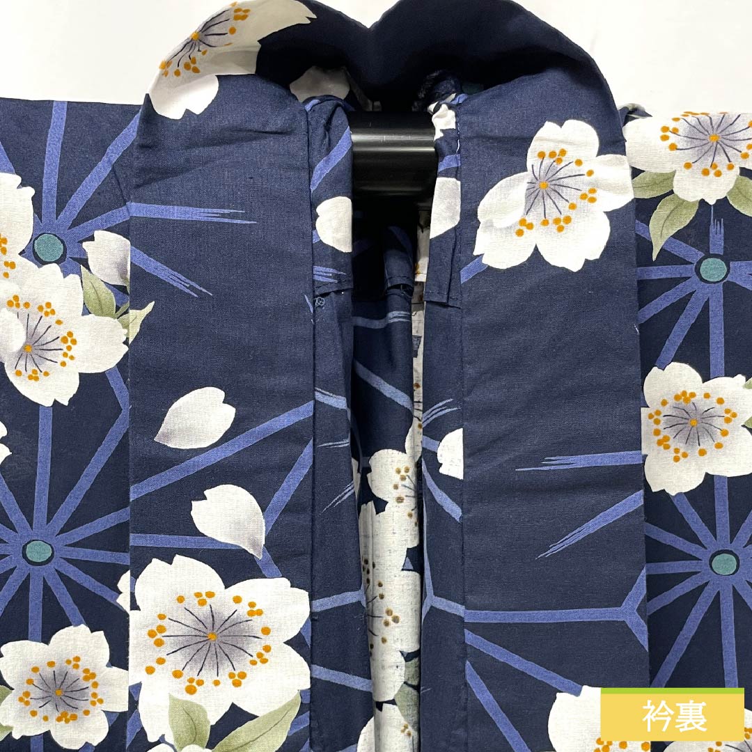 浴衣 木綿 身丈160cm 裄丈65cm Sランク 単衣 紺系 濃紺色(のうこんいろ) 桜 1118006162418