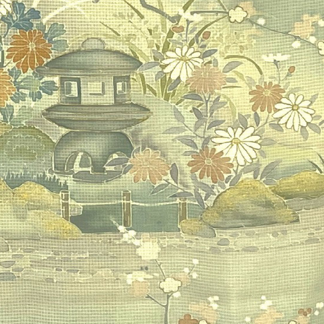 Colored Tomesode, Length 156.5cm, Sleeve Length 64cm, Gauze, Garden Scenery, Artist's Work, Pure Silk, A Rank, One Crest, Green, 1111000153319