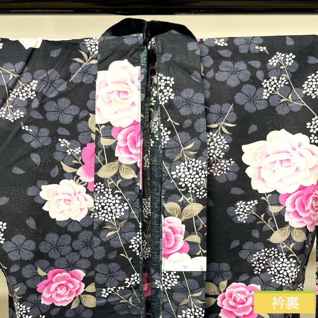 浴衣 木綿 身丈159cm 裄丈64.5cm Bランク 単衣 黒系 薔薇 カスミソウ 桜 1118004554310