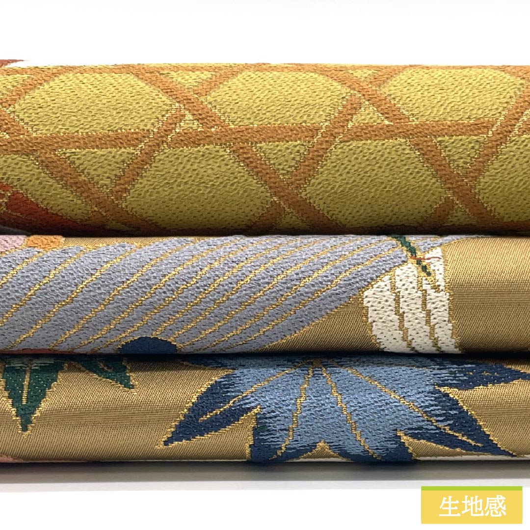 Fukuro Obi (sash) made of pure silk, S-rank, in a gray-yellow Yamabuki color, by Hakuryoen Oba, featuring a classic autumn leaf and iris pattern. Length: 434cm, six-fold, formal, beige. Product number: 1123015072325